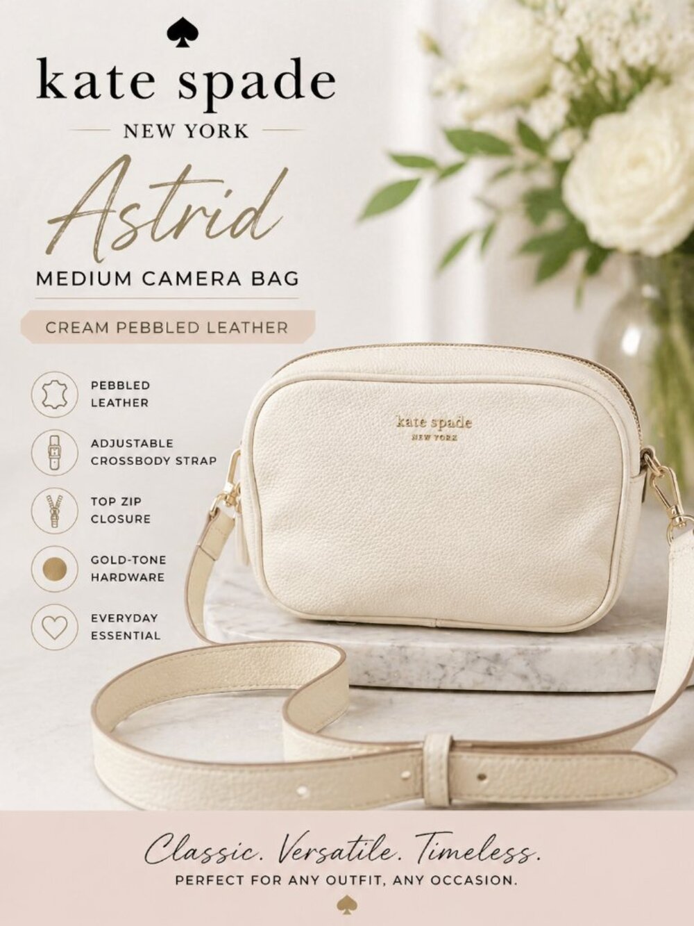 Kate Spade Astrid Medium Camera Bag Cream Pebbled Leather Crossbody Gold Hardwar